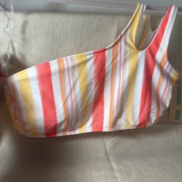 NEW SANDFLOWER ONE STRAP BIKINI TOP TIE DYE STRIPES LARGE 12/14 CORAL & YELLOW - Picture 2 of 4
